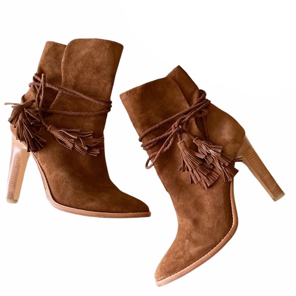 new Joie ❦ Chap Suede Braided Wrap ❦ Heeled Ankle Booties ❦ Chestnut Suede 9.5M - Picture 5 of 14
